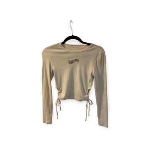 Cultured Beige Ribbed Cropped Long Sleeve Top Side Tie Ruched Y2K